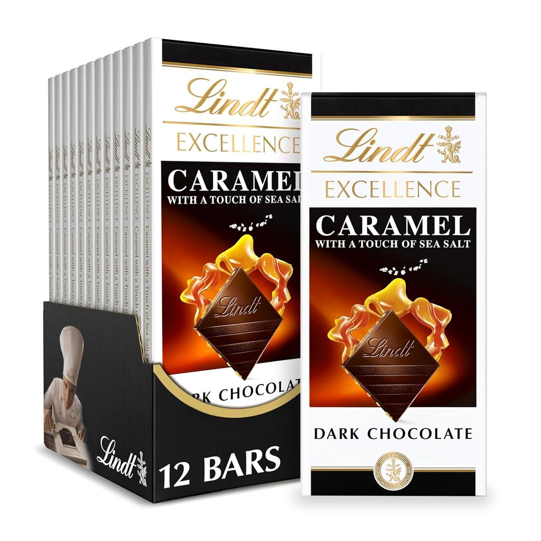 Lindt EXCELLENCE Caramel Sea Salt Dark Chocolate Bar, Dark Chocolate Candy with Pieces of Caramel and Sea Salt Crystals, 3.5 oz. (12 Pack) (EXP 10/31/25) Lindt EXCELLENCE Caramel Sea Salt Dark Chocolate Bar, Dark Chocolate Candy with Pieces of Caramel and Sea Salt Crystals, 3.5 oz. (12 Pack) (EXP 10/31/25)