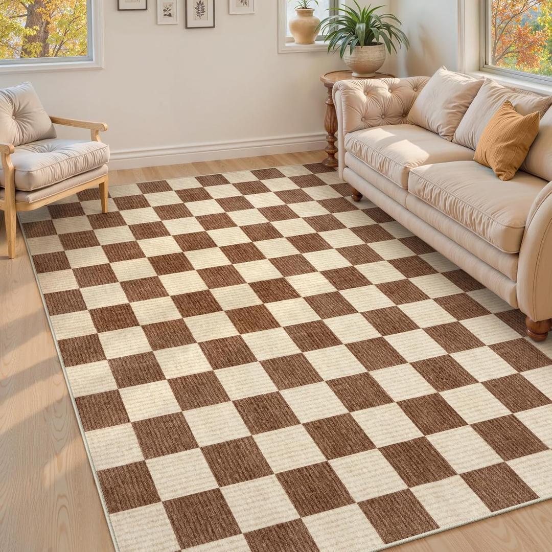 LIVEBOX Machine Washable Area Rug 6x9 Checkered, Non Slip Soft Large Bedroom Living Room Rug Farmhouse Neutral Classic Geometric Boys Rug, Indoor Carpet for Den Dorm Playroom(Brown, 6'x9')