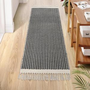 Lahome Boho Hallway Runner Rug, 2x6 Laundry Room Lightweight Entry Woven Cotton Throw Mat with Tassels, Farmhouse Non Shedding Washable Black Low Pile Runner for Kitchen Bathroom
