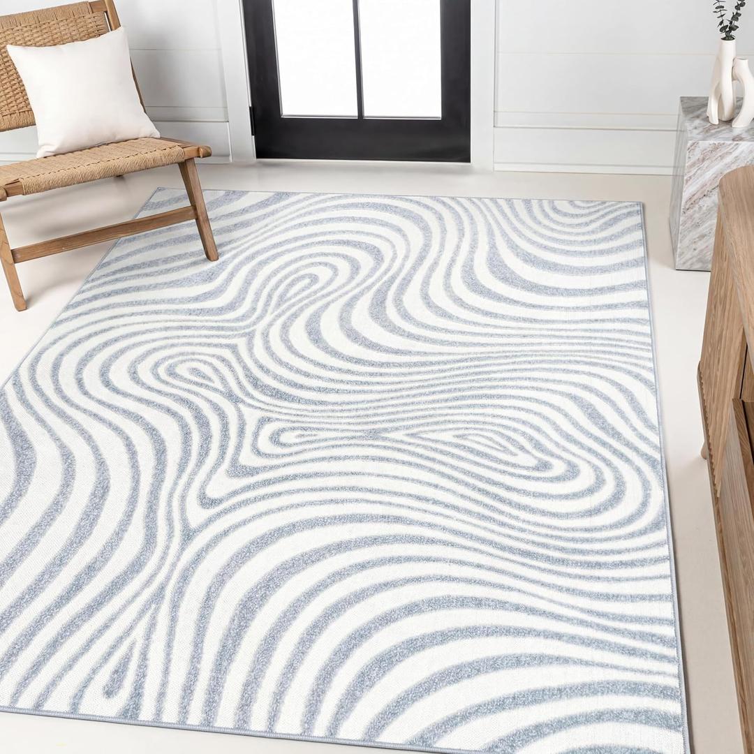 JONATHAN Y Maribo High-Low Abstract Striped Indoor/Outdoor Area Rug, Contemporary, Vintage, Bohemian, Glam, Bedroom, Kitchen, Living Room, Non Shedding, Light Blue/Ivory, 8x10 (SCN103C-8)