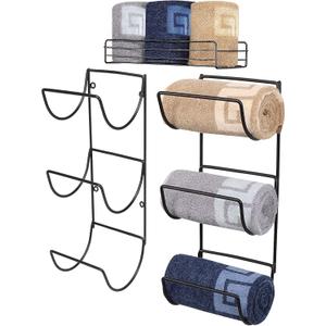 NearMoon Towel Rack Wall Mounted- All Metal Bathroom 2 Towel Rack Holders+ Hand Towel Storage Basket, Rustproof 3 Level Wine Rack Organizer for Hand Towels, Washcloths, 2+1 Pack (Matte Black)