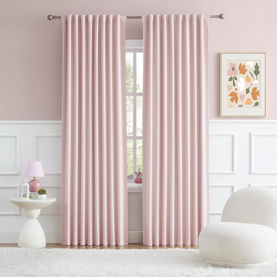 Back Tab and Rod Pocket Muted Pink Curtains for Girls Bedroom Decor Baby Pink - Room Darkening Thermal Insulated for Living Room 52 x 84 Inches Long Set of 2 Panels