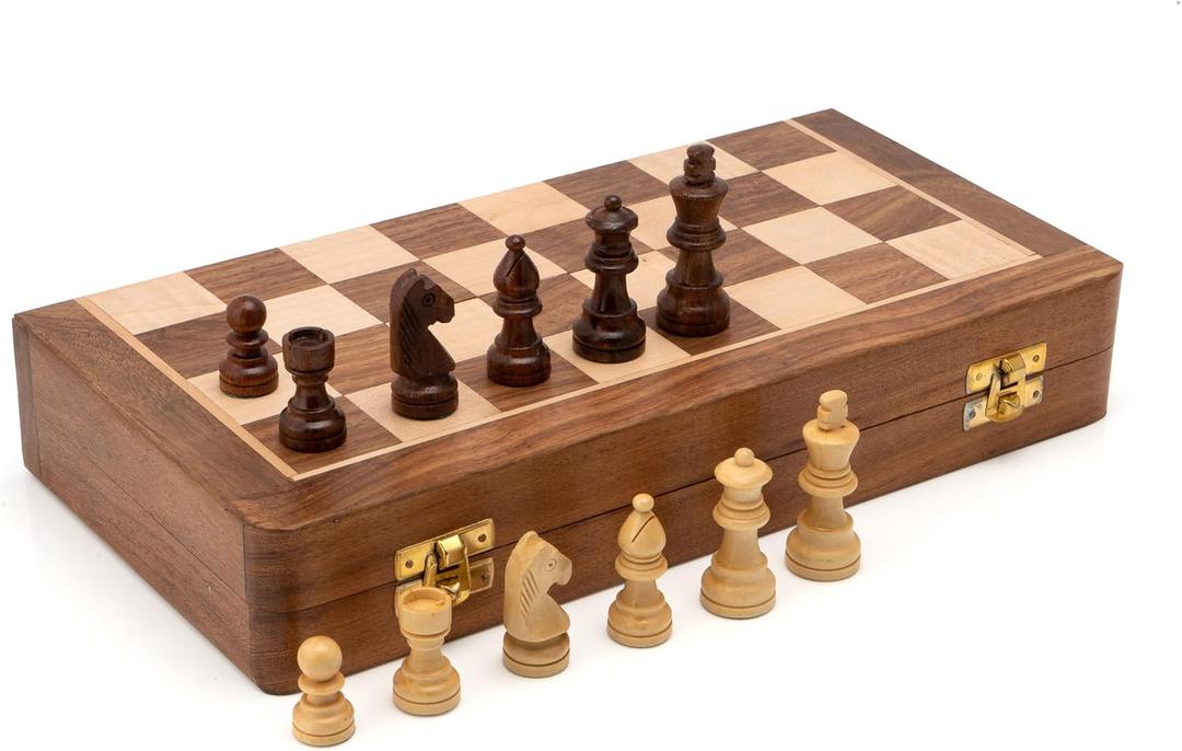 10" Wooden Folding Chess Boards, Handcrafted Portable Travel Chess Game with Pieces Storage Slots & 2 Extra Queens (10 X 10 Inches)