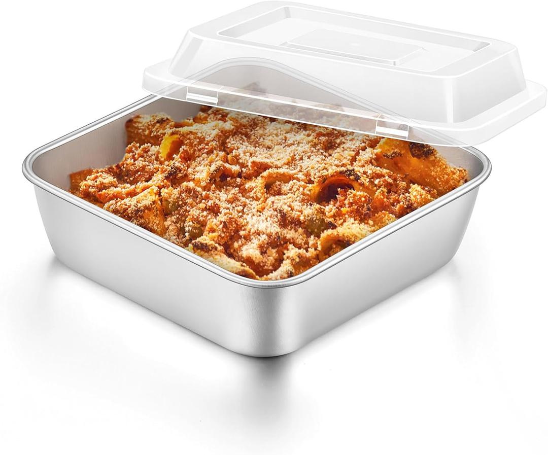 E-far 6 x 6-Inch Square Baking Pan with Lid, Small Stainless Steel Cake Brownie Pans Trays Dishes for Toaster Oven Air Fryer, Healthy & Dishwasher Safe - Set of 1(1 Pan + 1 Lid)