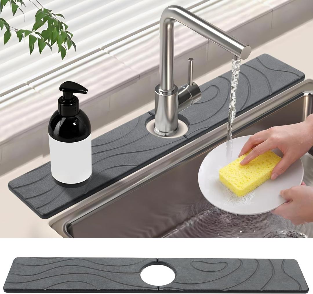 Faucet Mat for Kitchen Sink - Diatomite Quick Dry Sink Splash Guard, Super Absorbent, Kitchen Stone Sink Tray, Faucet Splash Guard for Bathroom Counter (23.62 * 3.93")