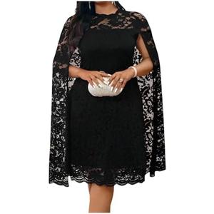 BEAUDRM Women's Plus Size Lace Cape Dress Cloak Sleeve Crewneck Elegant Cocktail Party Dresses Wedding Guset Dress 2XL Plus Black