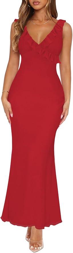 MIYIEONZ Women Sexy Sleeveless V-Neck Ruffle Backless Summer Dresses Long Formal Dress for Women Cocktail Party Prom Dress, M