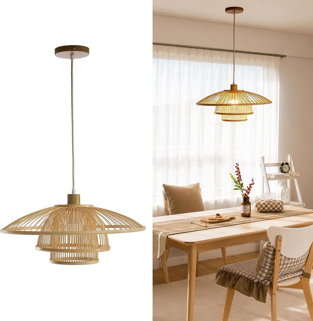 Pendant Light, Bamboo Boho Hanging Light with Adjustable Height, Large