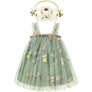 Toddler Baby Girl Tutu Dress Sleeveless Floral Print Tulle Dress Little Girl Princess Dresses with Flower Headband (Green), Size 12-18