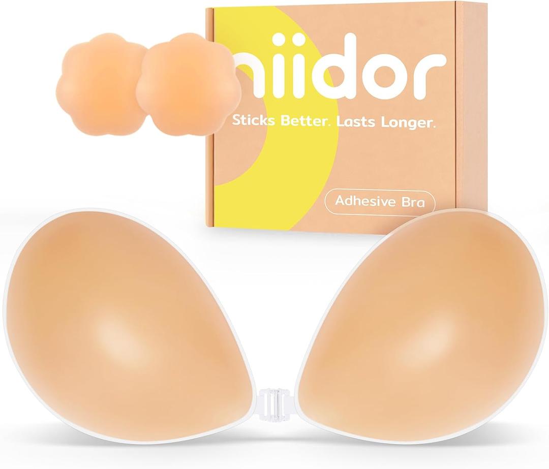 Niidor Adhesive Bra Strapless Ultra Sticky Invisible Push up Silicone Bra Multiple Colors Sizes Reusable for Backless Dress (Creme)