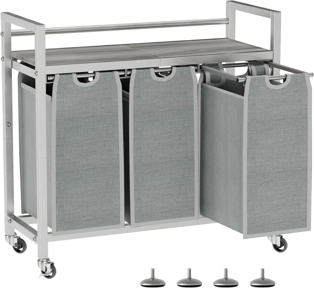 Laundry Hamper, Laundry Basket, Laundry Sorter with 3 Removable Bags, Clothes Basket with 3 Compartments, Wheels, Shelf for Laundry Room Bathroom Bedroom (3 Bags-Gray)