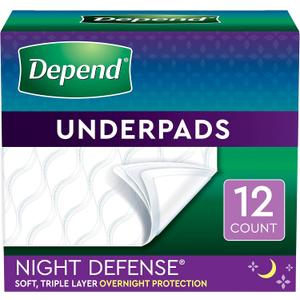 Depend Waterproof Bed Pads, Overnight Absorbency, 12Count, Disposable Underpads, 12Count