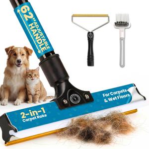 62" Carpet Rake for Pet Hair Removal Adjustable Carpet Broom Bundle with Carpet Scraper & Hair Picker, Pet Hair Removal Tool for Dog & Cat Hair, Rug Rake Carpet Brush for Furniture & Carpets