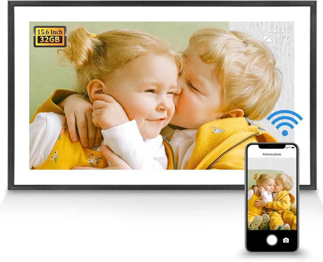 Digital Picture Frame 32G WiFi - 15.6 inch Digital Photo Frame with 1920 * 1080 IPS FHD Touch Screen. Auto Rotate Electronic Picture Frame Share Photos and Videos from Free APP by FLYAMAPIRIT