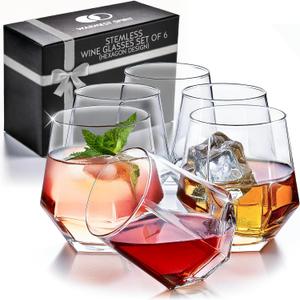 Hexagon Stemless Wine Glasses Set of 6 Elegant 10.5 oz, Durable, Dishwasher Safe, Spill-Proof Design, Perfect for Wine, Cocktails, Whiskey, Everyday Use, Dinner Parties, and Entertaining, Giftable