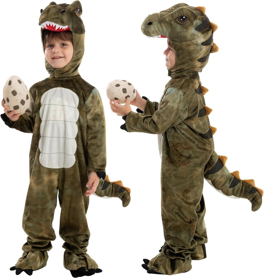 Spooktacular Creations Halloween Realistic T.rex Costume Outfit Dinosaur Jumpsuit with Egg for Kids Toddler Dress-up Party (12-18 Months, Brown)