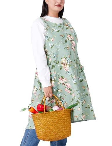 VIKIDEER Comfortable Huge Plus Size Aprons for Women Adjustable Cross Back Floral Cotton Linen Aprons Rose with Green Background