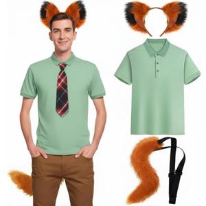 3 Pcs Men's Fox Cosplay Costume Set Includes Green Shirt Fur Fox Tail and Ears Headband for Summer Halloween Outfit (L)