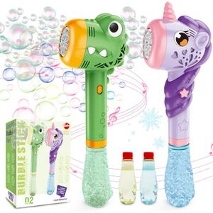 VATOS 2PCS Automatic Bubble Wands, Bubble Maker Gun with Light & Music for Girls Boys, Fantasty Bubble Maker Machine with 2 Bubble Refill Solution, Party Wedding Birthday Gift for Toddlers Kids