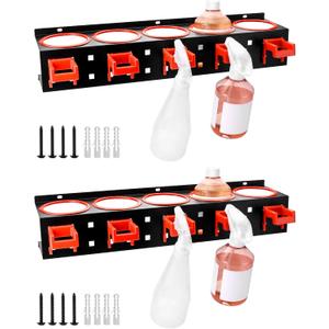 QWORK Wall-mounted Spray Bottle Holder, 2 Pack Aerosol Can Rack Organizer - 5 Holes and 5 Plastic Hooks Included for Tidying Up Your Cleaning and Detailing Tools