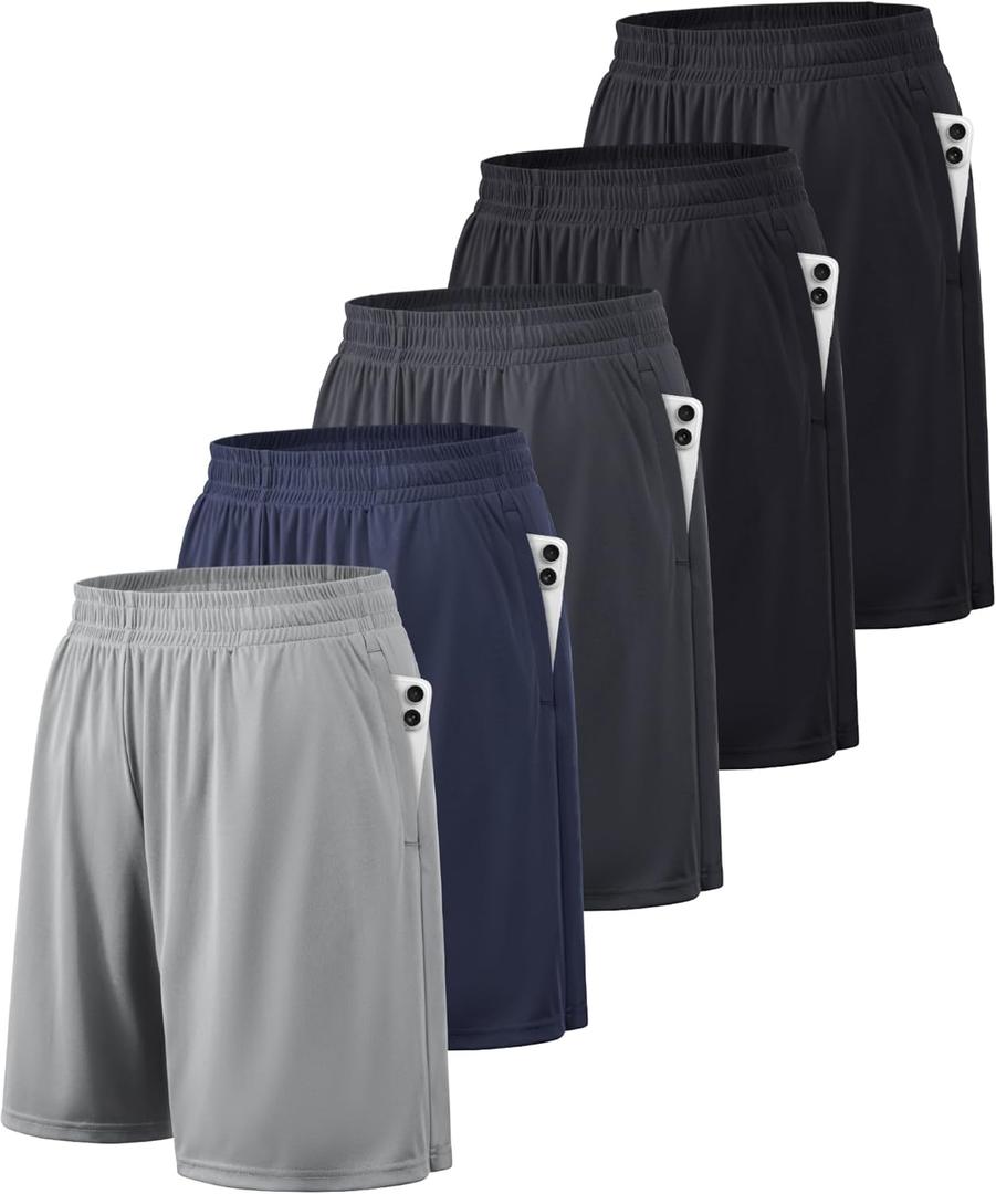 BALENNZ Athletic Shorts for Men with Pockets and Elastic Waistband Quick Dry Activewear (Large, 5 Pack Black, Black, Navy, Dark Grey, Light Grey)