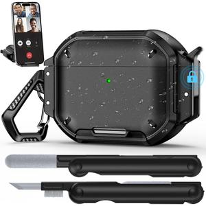for AirPods Pro 3 Case IP68 Waterproof with Safety Lock & Phone Stand, Rugged Tough Hard Shell Case for AirPods Pro 3rd Gen 2025 Cover with Cleaner & Keychain for Men Women, Powerful Drop Protection (Black)