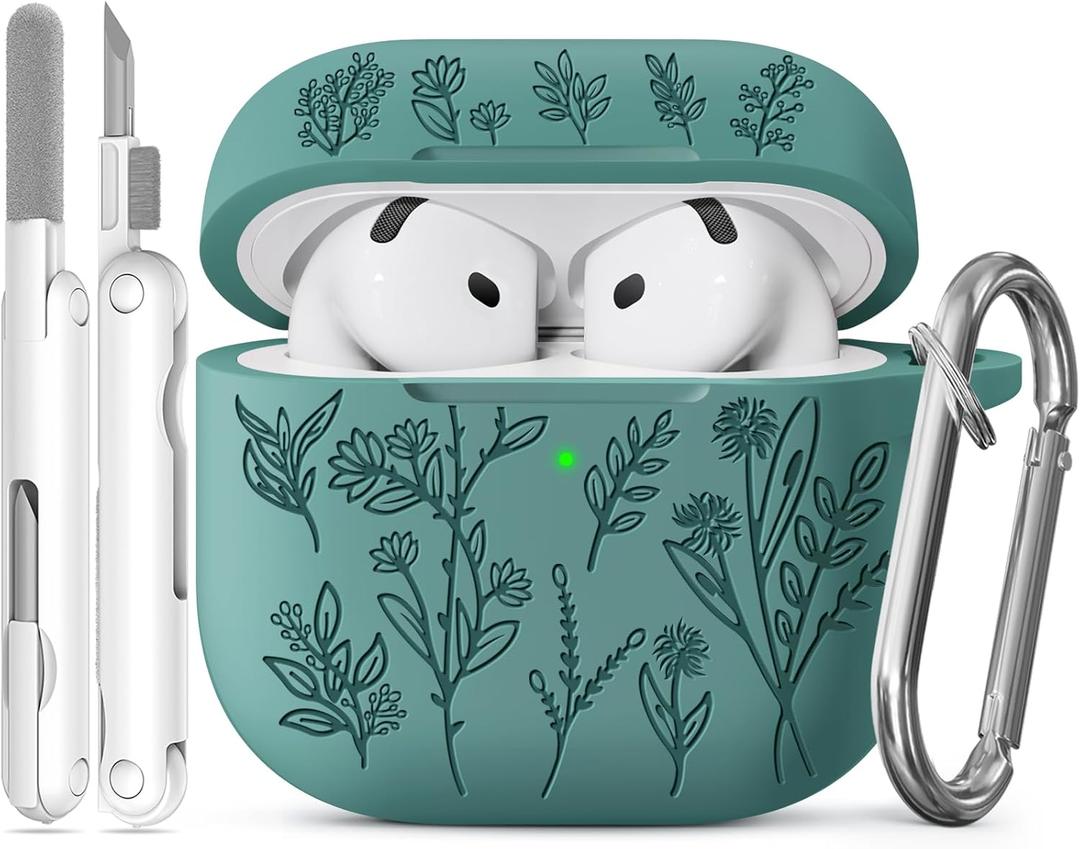 for Airpods 4 Case, Ekoonpft Flower Engraved Cases for Apple AirPods 4th Generation 2024, Soft Silicone Cover for Women Girly with 3-in-1 Cleaning Kit & Keychain, Anti-Scratch, Shockproof (A A-Pine Green)