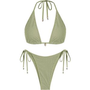 ZAFUL Women's Triangle Bikini Multiway Fishnet Tie Side Bandeau Halter String Bikini Set Two Piece Swimsuit Bathing Suits (Medium, 1a-light Green)