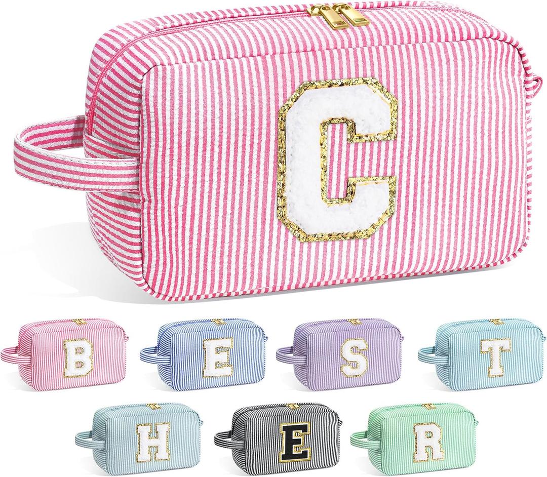 YOOLIFE Birthday Gifts for 6 7 8 9 10 11 12 13 14 15 Year Old Teen Girl - Initial Makeup Bag Letter Toiletry Pouch Cosmetic Case, Personalized Teen Girl Gifts Trendy Stuff, Pink C