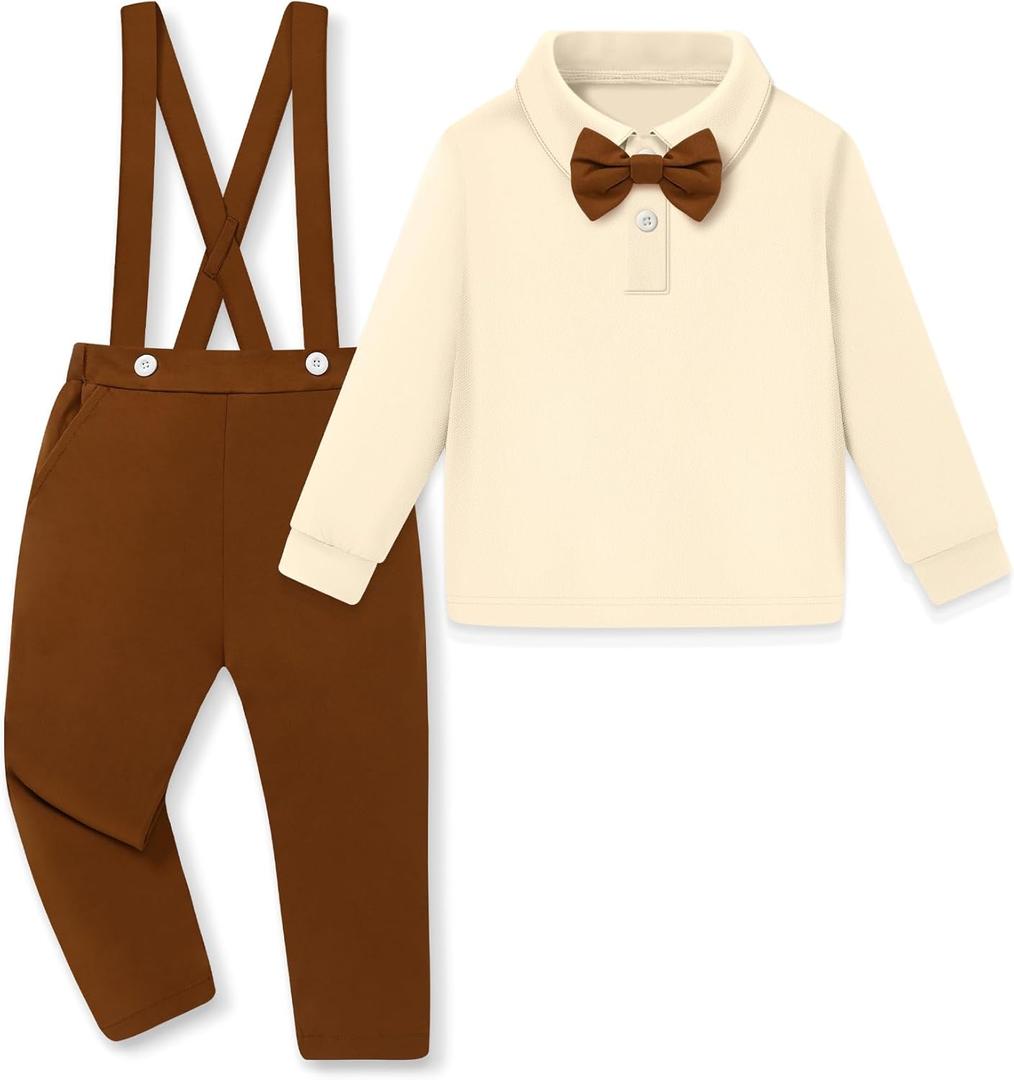 YALLET Toddler Baby Boy Clothes Polo Neck Long Sleeve Tops with Removable Bowtie + Overalls Fall Winter Outfits Set 1-5T (3-4T, Apricot/Brown)