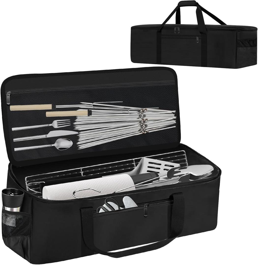 Grill Tool Storage Bag, Outdoor BBQ Utensil Storage with Pockets for BBQ Tools up to 22", Large Grilling Utensil Holder Storage Caddy, Barbecue Tool Sets Case for Camping Picnic,Bag Only,Black