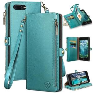 XcaseBar for iPhone 7Plus/8 Plus 5.5" Wallet case with Zipper Credit Card Holder【RFID Blocking】, Flip Folio Book PU Leather Phone case Shockproof Cover Women Men for Apple 7 Plus case Blue Green