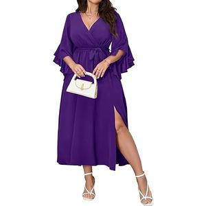 Womens Plus Size Dress Wedding Guest Cocktail Ruffle Half Sleeve Wrap V Neck Slit A Line Maxi Dresses with Belt (Size L, Purple)