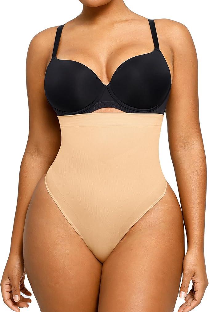 SHAPELLX Shapewear Tummy Control Womens Plus Size Compression Shapewear Seamless Waist Slimmer Underwear Panty M/L, Sandy Brown Thong 