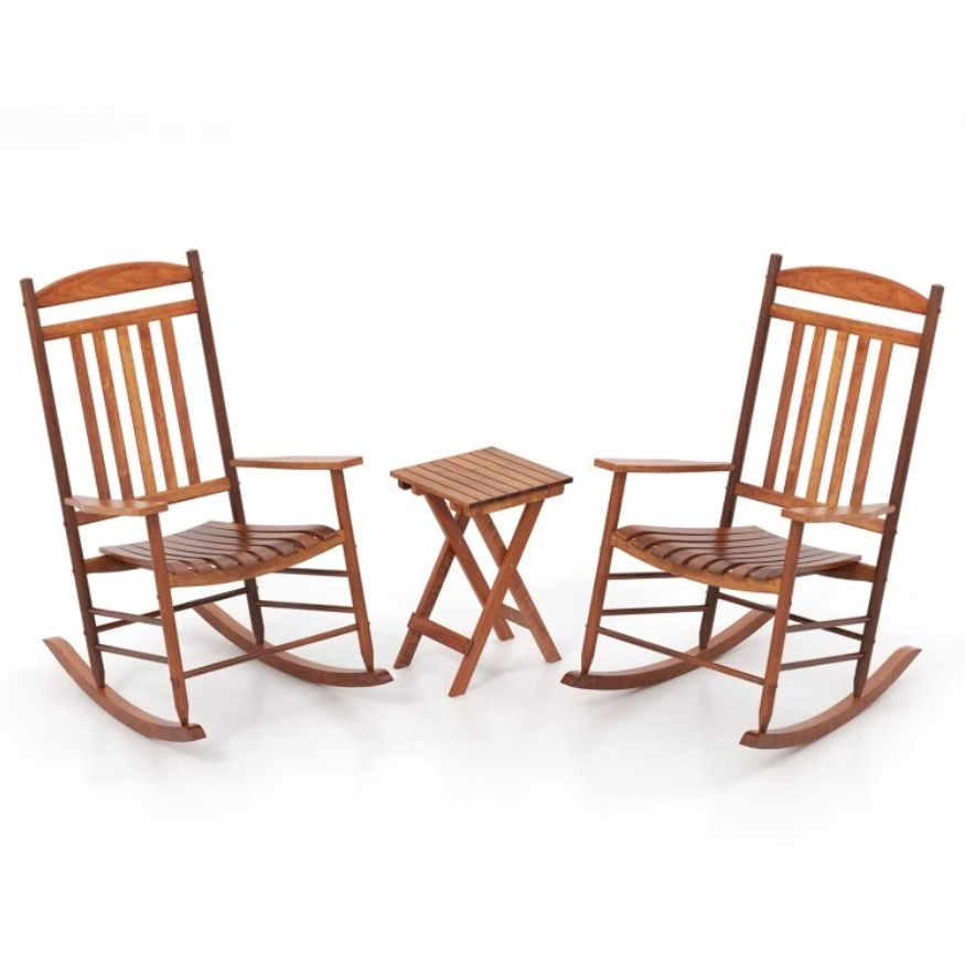 3-Pcs Outdoor Garden Poplar Wood 2 Rocking Chair Set & Folding Side Coffee Table
