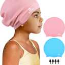 2 Pack Kids Extra Large Swim Cap for Long Thick Hair, Waterproof Silicone Swimming Cap for Toddler Child Youth Girls Boys, Durable Swim Hats Bathing Caps for Braids, Dreadlocks, Extensions, Afros Sky Blue + Light Pink