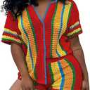 HBQ Womens 2 Piece Crochet Outfits Knit Button Down Shirts Hollow Out See Through Color Block Summer Vacation Short Sets-Block-XXL, XX-Large