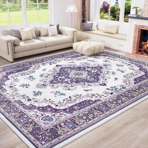 HOMORE Purple Area Rug 6'x9' Living Room Rug, Non Slip Washable Rugs for Bedroom Faux Wool Large Carpet for Dining Room Vintage Floral Rugs for Home Office Farmhouse Decor
