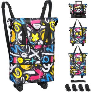 VOOWO Duffel Bag with Wheels - Rolling Foldable Expandable Duffle Bag with Wheels for Travel, Rolling Luggage Carry On Bag with Wheels, Large Rolling Backpack Weekend Bags for Men Women (Black) (Graffiti)