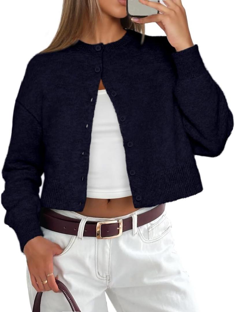 ATHMILE Cropped Cardigan Sweaters for Women Lightweight Crop Knit Y2k Fall Spring Outfits Fashion Clothes 2026 (Small, Navy Blue)