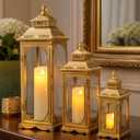 TRIROCKS Set of 3 Vintage Candle Lanterns 10/14/19.5''H Decorative Outdoor Lantern Metal Candle Holder with Tempered Glass for Home Living Room Garden Yard Parties Event Indoors Outdoors (Gold)