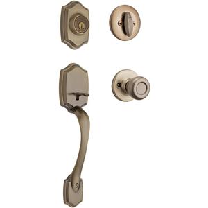 Kwikset Belleview Front Door Lock Handle and Deadbolt Set, Entry Handleset Exterior with Interior Door Knob, Antique Brass, Pick Resistant SmartKey Rekey Deadbolt Security
