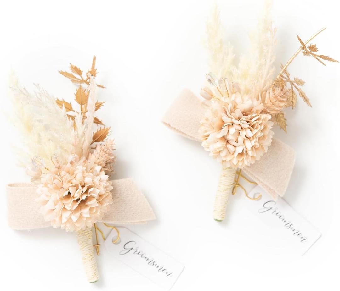 Ling's moment Boutonniere for Men, 2pcs Groom Groomsmen Guest Boutonniere, Artificial Flowers for Wedding/Prom/Homecoming, etc.Boho Gold Pompon Mum