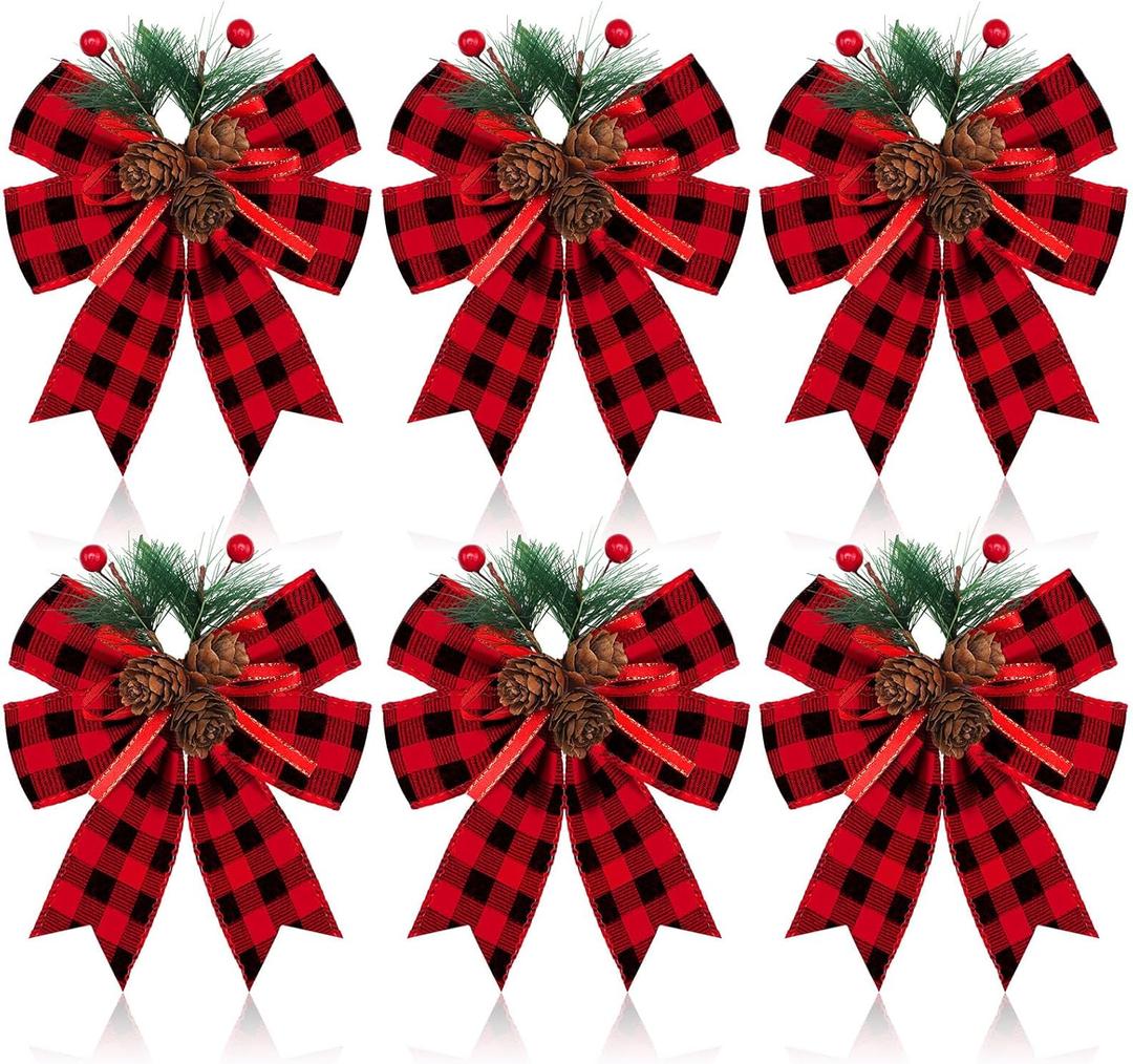 Syhood 6 Pcs Christmas Bows with Pine Cones Pine Needles Xmas Velvet Bows Black and Red Ribbon Christmas Tree Wreath Decoration for Xmas Parties Indoor Outdoor Crafts DIY Decor