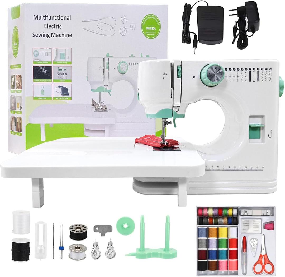 Sewing Machine for Beginners, 32Pcs Sewing Threads Kit,12 Built-in Stitches, 2-Speed Control, Extension Table Included, Compact & Easy to Use Portable Sewing Machine for Home and Travel (Greenhite)