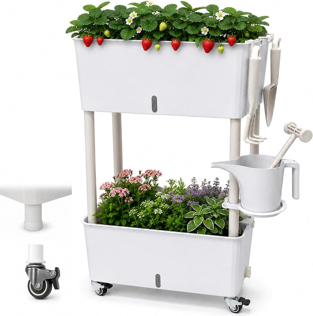2-Tier 27.8"H Rolling Raised Garden Bed with Wheels, Self Watering Planter Box with Visible Water Level, Gray Rustproof Plastic Herb & Strawberry Planter for Indoor Outdoor Vegetables Flowers, DIY Kit