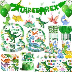 Three Rex Birthday Decorations Boy - 187 Pieces Set for 25 Guests, Includes Tableware, Banner, Hanging, Balloon, Cupcake Topper, Tablecloth- Perfect for 3rd Birthday & Dinosaur Theme Parties