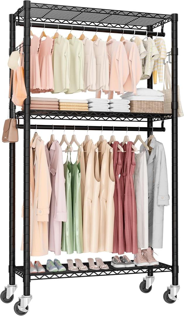 Heavy Duty Rolling Clothes Rack 3 Tiers, Metal Clothing Rack with Wheels, Adjustable Double Garment Rack, Closet Organizer System with 23.6" W x 15.7" D x 76" H, Max Load 400Lbs (Black)