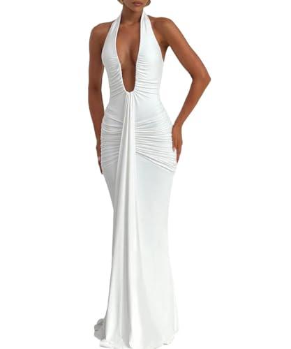 Women's Sexy Deep V-Neck Maxi Dress Sleeveless Halter Ruched Bodycon Formal Cocktail Party Evening Dresses,White,L Size 8