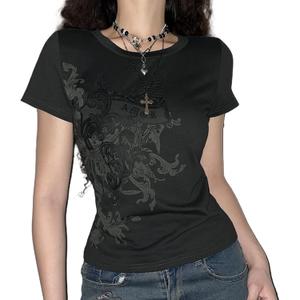 Vintage Y2K Grunge Aesthetic Gothic Punk T Shirt Short Sleeve Rock Graphic Print Crop Tee Slim Fairy Cotton Streetwear (Small, Black 14)